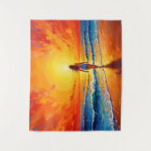 女性歩く海ビーチ暖かい夕日 タペストリー (正面)