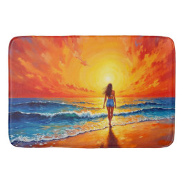 女性歩く海ビーチ暖かい夕日 バスマット