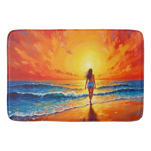 女性歩く海ビーチ暖かい夕日 バスマット (正面)