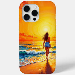 女性歩く海ビーチ暖かい夕日 iPhone 15 PRO MAXケース