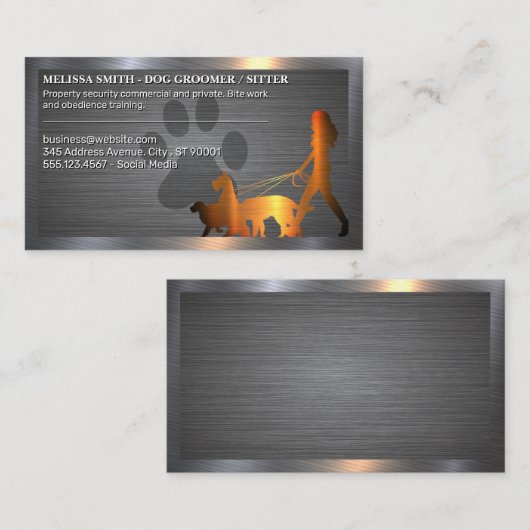 女性歩く犬 |ポー |メタリック縁ど 名刺 (正面/裏面)