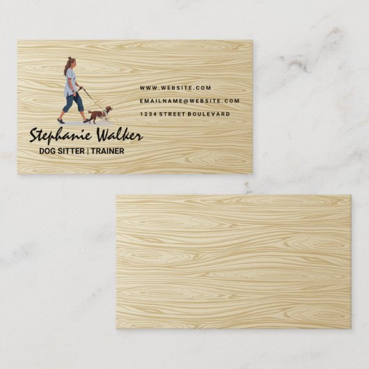 女性歩く犬 | 木目 名刺 (正面/裏面)