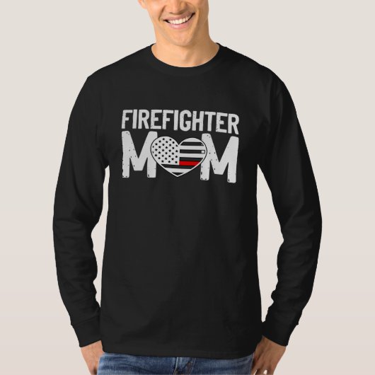 女性消防士ママ薄い赤い線のフラグ炎 Tシャツ (正面)