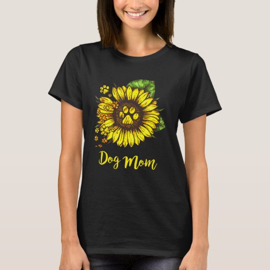 女性犬ママ母の日ひまわり犬ママ犬 Tシャツ (正面)