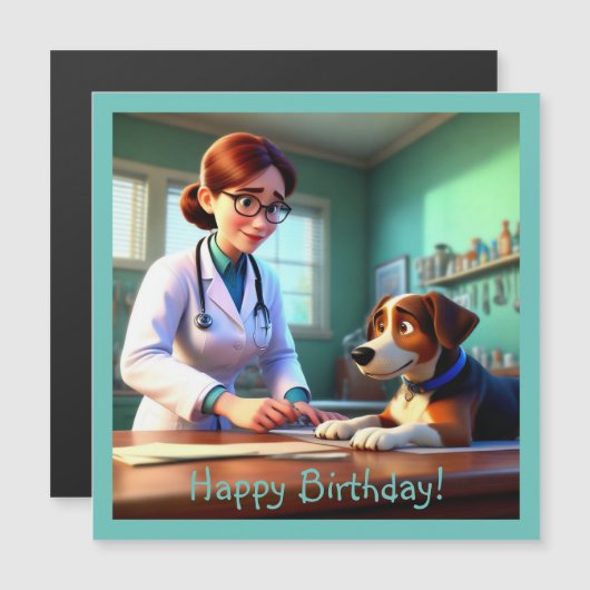 女性獣医師用磁気誕生日カード (正面/裏面)