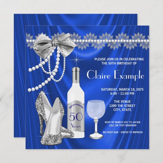 女性王室のブルーとシルバーの完成度 招待状 (正面/裏面)