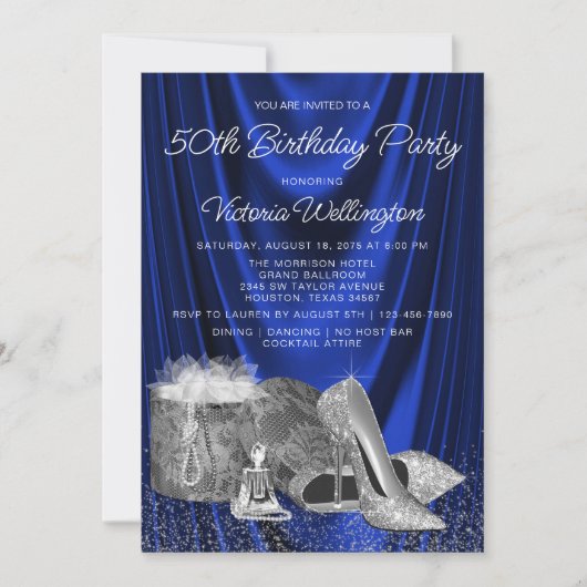 女性王室のブルーシルバーシューズ任意の数誕生日 招待状 (正面)