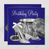 女性王室のブルーシルバーバースデーパーティー招待 招待状 (正面/裏面)