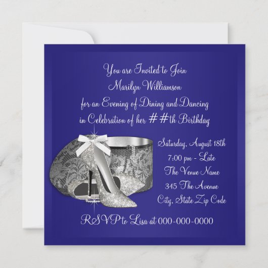 女性王室のブルーシルバーバースデーパーティー招待 招待状 (裏面)