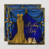 女性王室のブルー金ゴールドアールデコ誕生日パーティー 招待状 (正面/裏面)