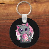 女性用いちごミルク女の子かわいいアニメ猫 キーホルダー (正面)