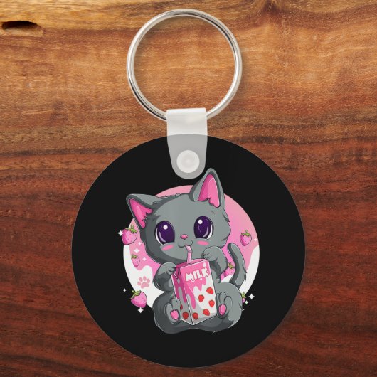 女性用いちごミルク女の子かわいいアニメ猫 キーホルダー (正面)