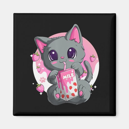 女性用いちごミルク女の子かわいいアニメ猫 マグネット (正面)