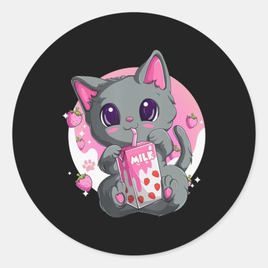 女性用いちごミルク女の子かわいいアニメ猫 ラウンドシール (正面)