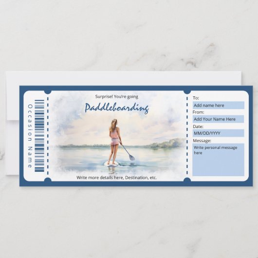 女性用のサプライズ・パドルボーディング・ギフト券 招待状 (正面)