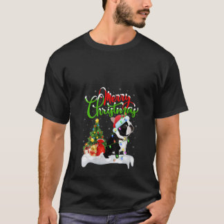 女性用クリスマスイルミネーションマッチングサンタボストンテリア Tシャツ