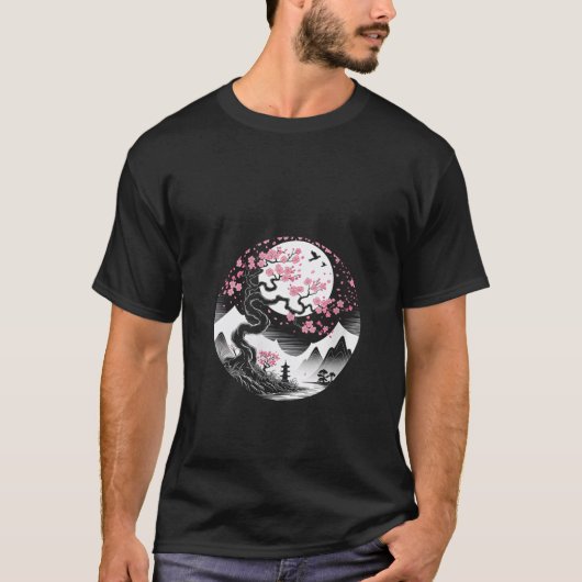 女性用サクラ 日本の桜と月 日本 Tシャツ (正面)