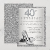 女性用シルバーグリッターハイヒールシューズ 40歳の誕生日 招待状 (正面/裏面)