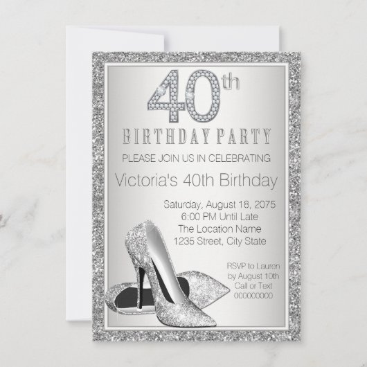 女性用シルバーグリッターハイヒールシューズ 40歳の誕生日 招待状 (正面)
