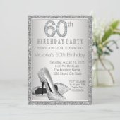 女性用シルバーグリッター ハイヒール 60歳の誕生日 招待状 (スタンド正面)