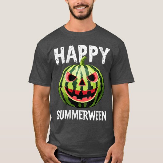 女性用スイカのジャックオランタンサマーハロウィン半袖Tシャツ Tシャツ (正面)