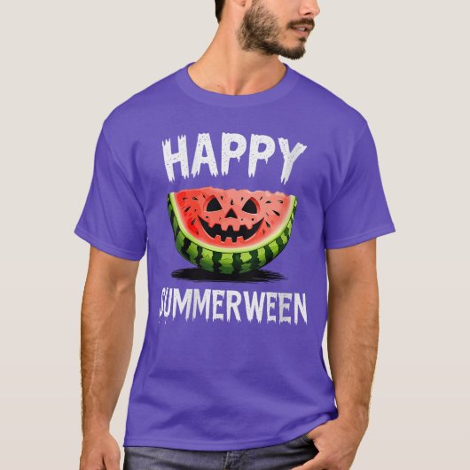 女性用スイカ O ランタン サマー ハロウィン ハッピー Tシャツ (正面)