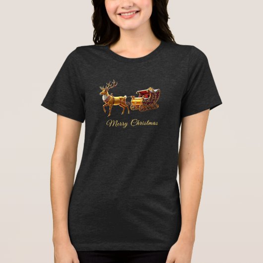 女性用トナカイ クリスマス ソリ ホリデー トライブレンドTシャツ (正面)