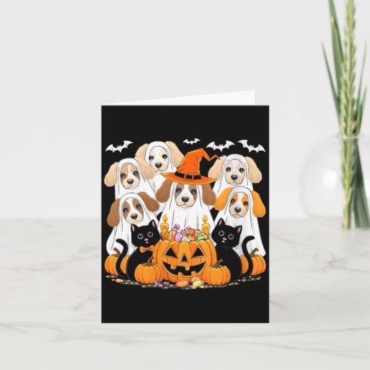女性用ハロウィン お化けに扮した犬の服 面白い カード (正面)