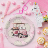 女性用ピンクゴルフカート ペーパープレート (パーティー)