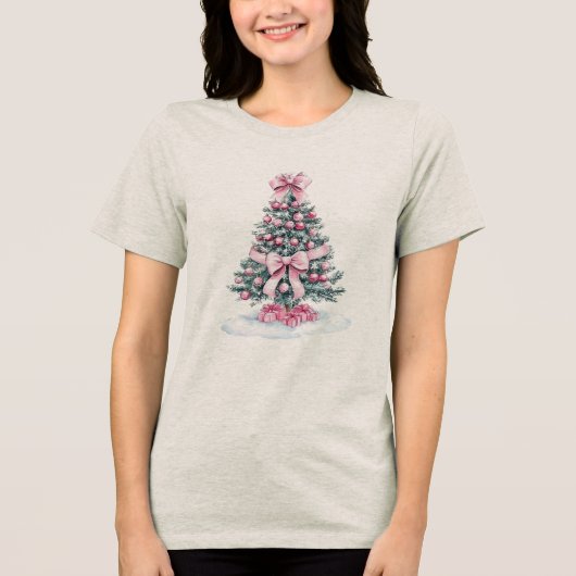 女性用フェスティブピンクリボン クリスマスホリデー トライブレンドTシャツ (正面)