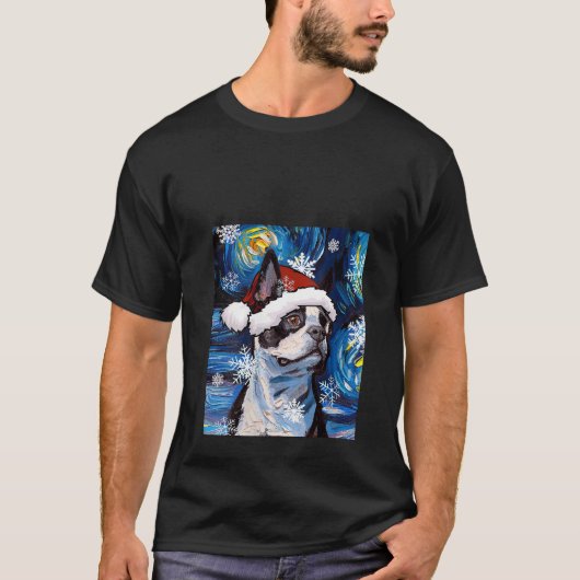 女性用ボストンテリア サンタ 星空の犬 クリスマスTシャツ Tシャツ (正面)