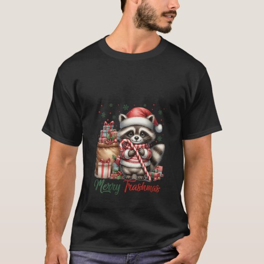 女性用メリー・トラッシュマス かわいいサンタ・アライグマ ラバー缶 Tシャツ (正面)