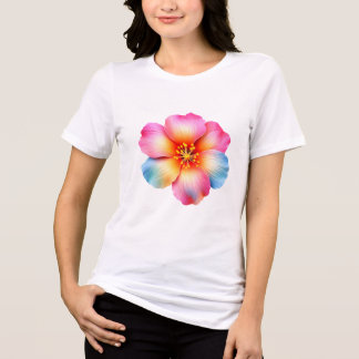 女性用レッド、ピンク、イエロー、ブルーの花柄Tシャツ トライブレンドTシャツ