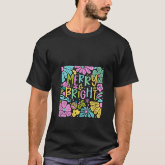 女性用レトロな陽気で明るいボホフラワープリントのクリスマス Tシャツ