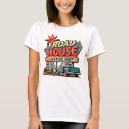 女性用ロードハウス オープンオールナイト ヴィンテージ ホットロッド Tシャツ