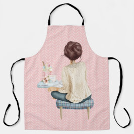 女性用便と本の山と青 エプロン