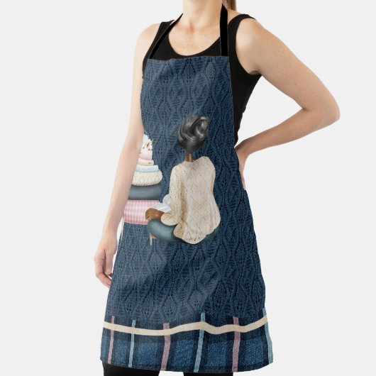 女性用便と本の山と青 エプロン (インサイチュ)