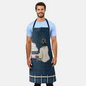 女性用便と本の山と青 エプロン (着用した状態)