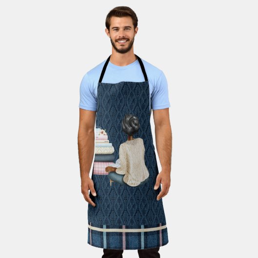 女性用便と本の山と青 エプロン (着用した状態)