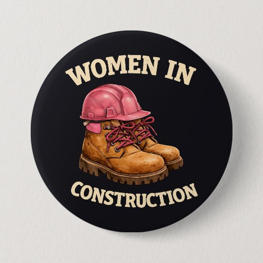 女性用建設作業用ブーツとヘルメット 缶バッジ (正面)