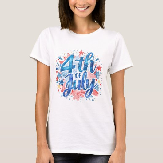 女性用水彩7月4日愛国Tシャツ Tシャツ (正面)
