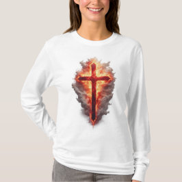 女性用炎のキリスト十字架ロングスリーブTシャツ Tシャツ
