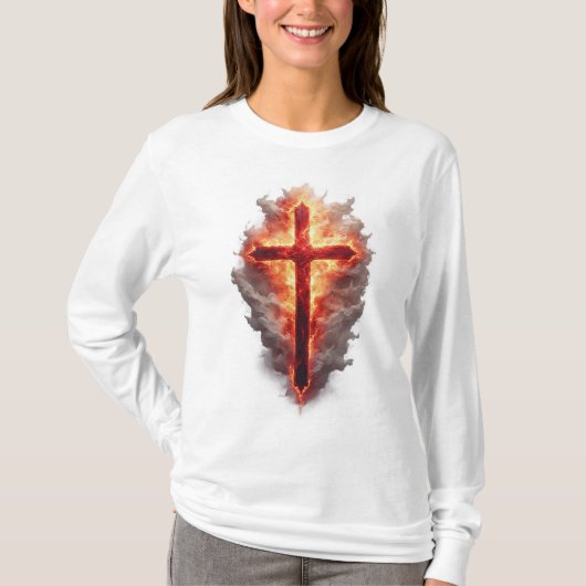 女性用炎のキリスト十字架ロングスリーブTシャツ Tシャツ (正面)