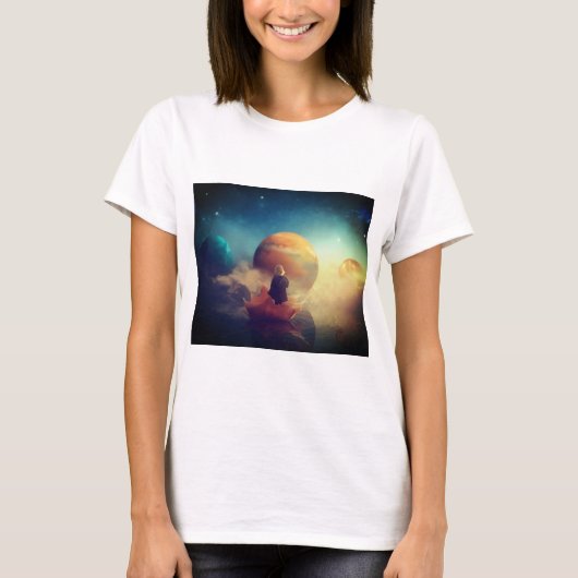 女性用神秘的な子供と惑星Tシャツ Tシャツ (正面)