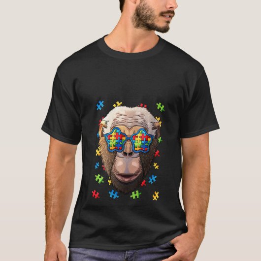 女性用自閉症啓発チンパンジーパズルサングラス Tシャツ (正面)