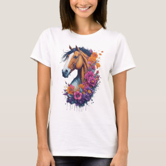 女性用花馬春自然馬好き Tシャツ