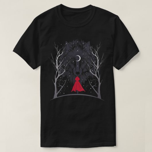女性用赤ずきんちゃんと森のオオカミの Tシャツ (デザイン正面)