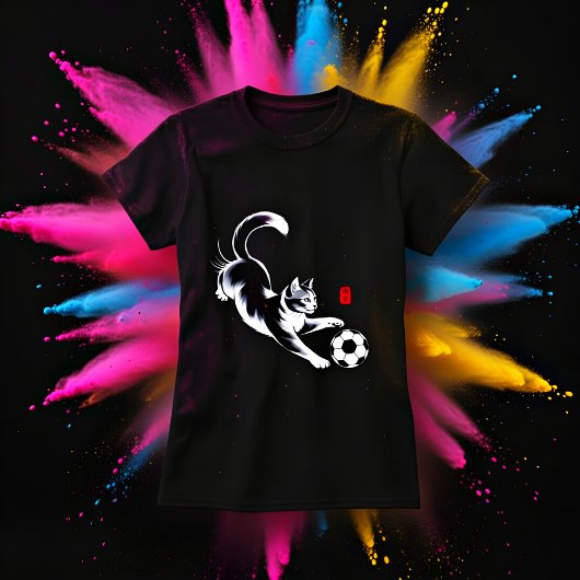 女性用遊び心あふれる猫サッカーTシャツ Tシャツ