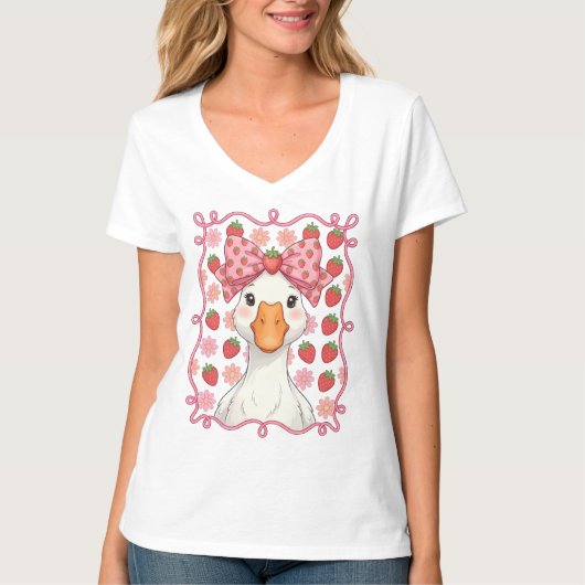 女性用 いちご ガチョウ 夏季 リボン Tシャツ (正面)