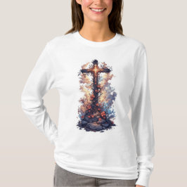 女性用 おしゃれなキリスト教の十字架柄 長袖Tシャツ Tシャツ